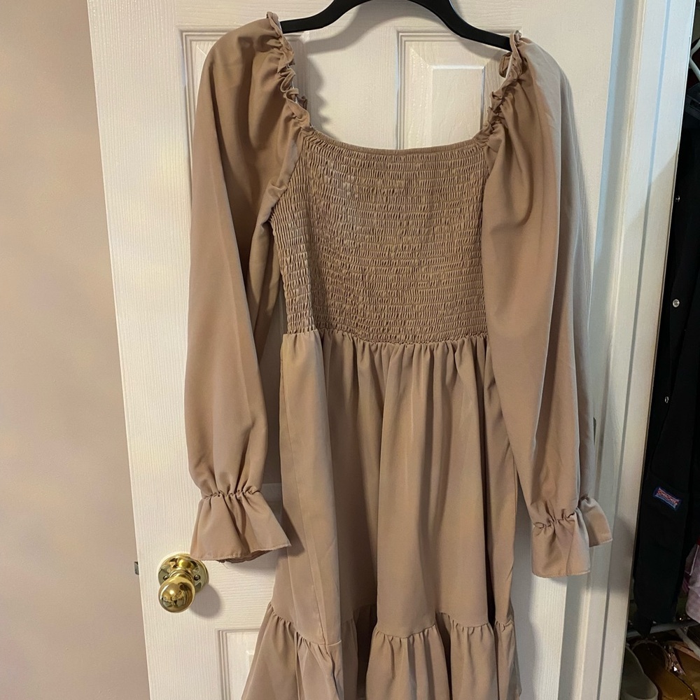 Tan Long Sleeve Smocked Dress